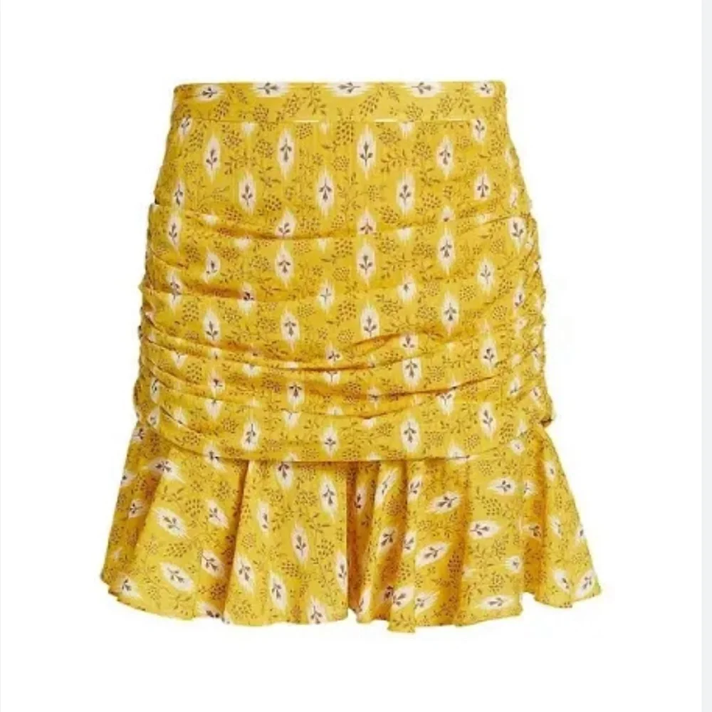 Veronica Beard Taras Skirt Ruched Botanical Ikat Floral Mini Skirt in Yellow